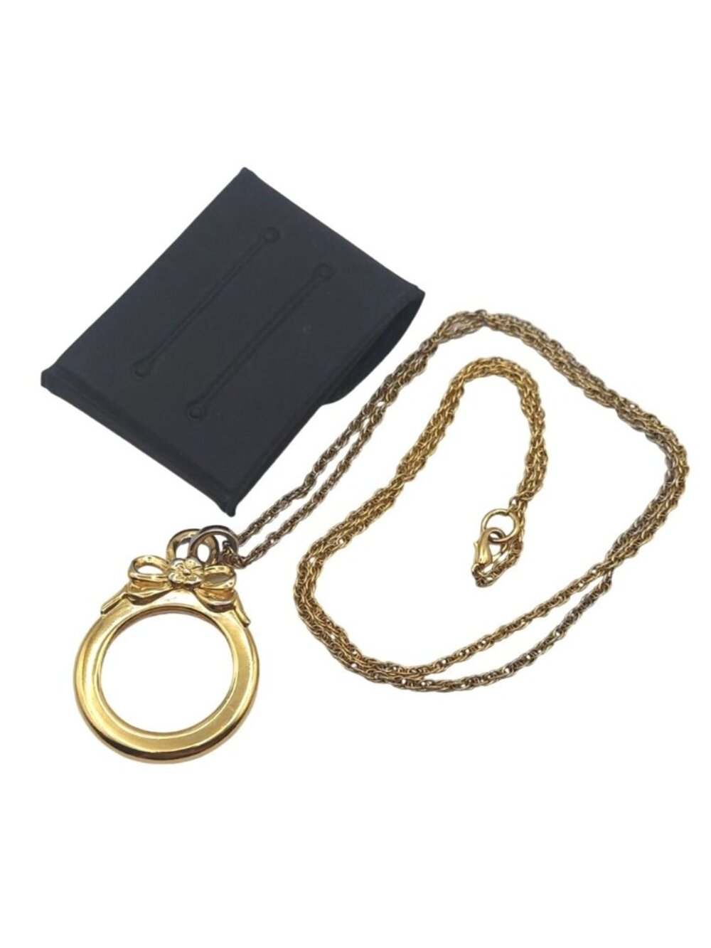 Gold Tone Bowknot Pendant Magnifier Necklace With Protective Pouch Vintage